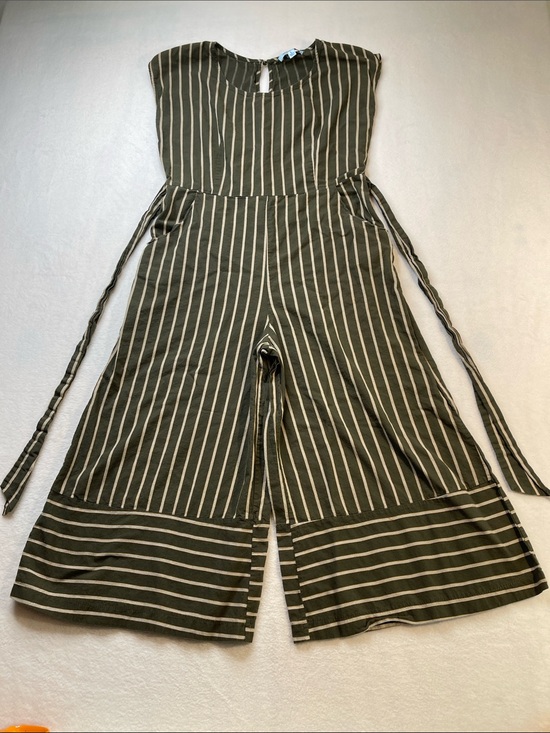 She + Sky Pants - SHE+SKY WOMENS SIZE Large Striped Olive Green Wide-Leg Jumpsuit WOMEN SIZE LARGE